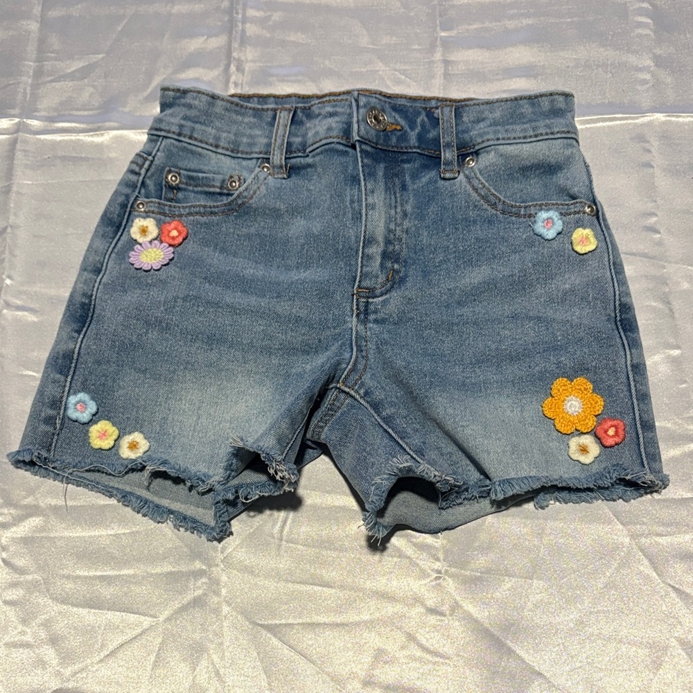 Tractr Kids Blue Denim Shorts with Floral Embroidery